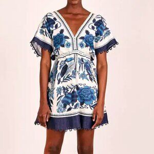 Farm Rio Tropical Tiles Linen-Blend Dress - Size S